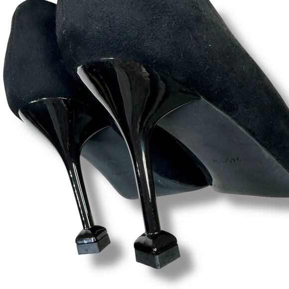 MEI TI MENG Black Embellished Pointed Toe Flared Heel Mengmei Stiletto Pumps - Picture 8 of 14